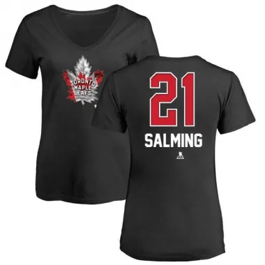 Black Women's Borje Salming Toronto Maple Leafs Name and Number Banner Wave V-Neck T-Shirt -